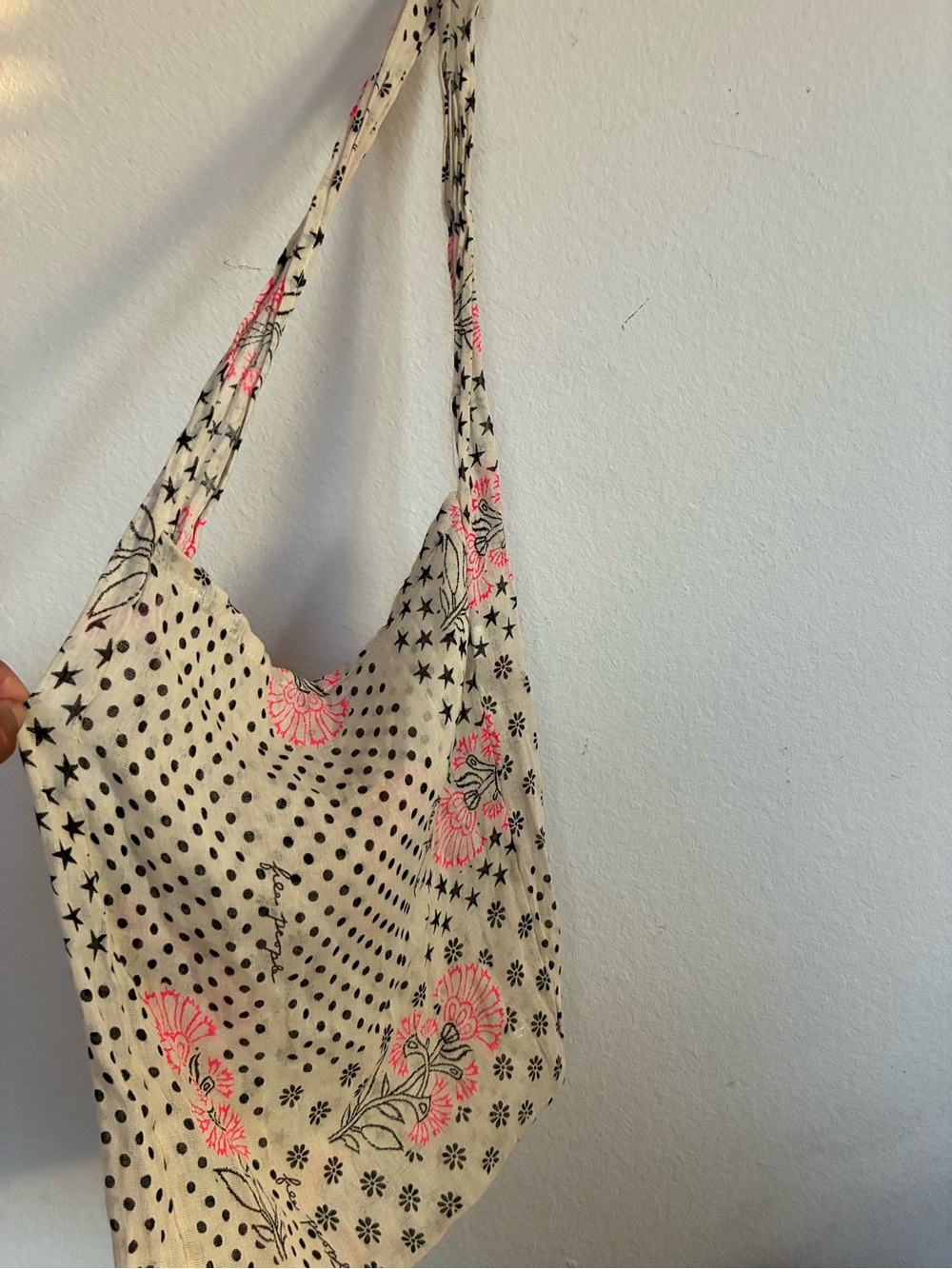 Free People Cream Tote with Pink Floral and Black Polka Dot Print